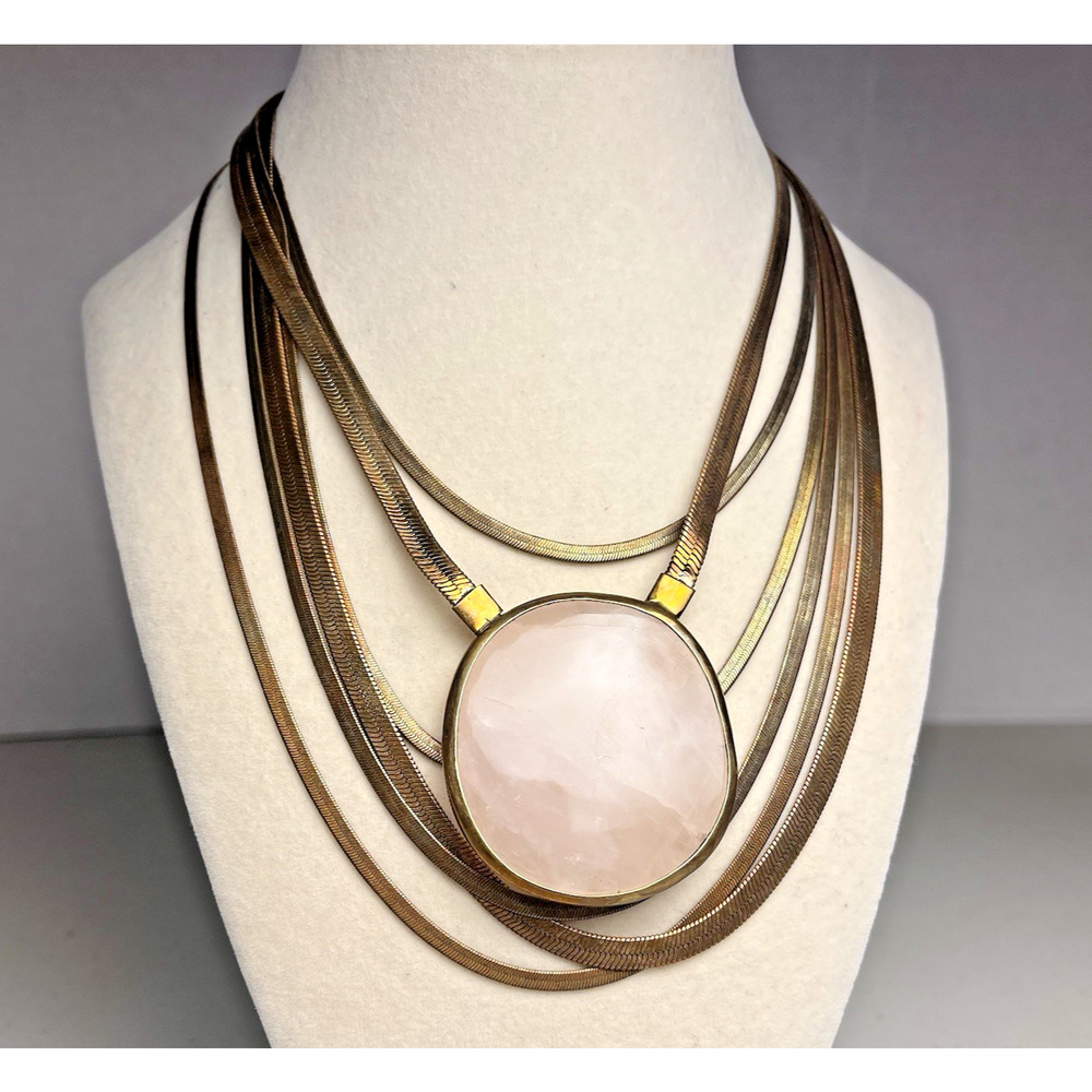 Lena Bernard Multi Strand Herringbone Necklace Rose Quartz Pendant Gold Tone VTG